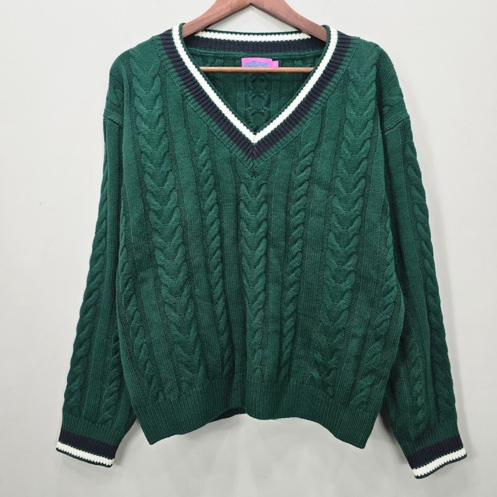 Edikted Cable Knit Sweater Women's  XS Green V‎ Neck Collegiate Preppy Academia